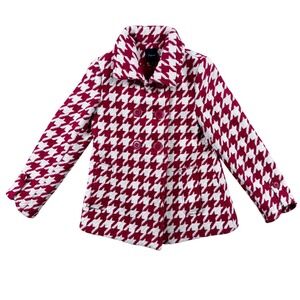 Express Womens Red White Houndstooth Pea Coat Wool Blend Jacket Size Small